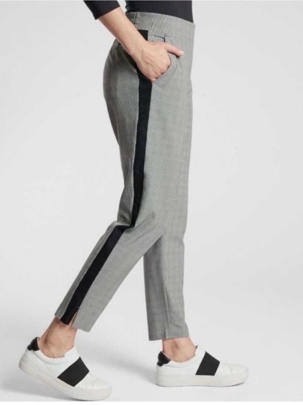Athleta Brooklyn Plaid Ankle Pants Side Stripe Grey 10 Track Pants Houndstooth